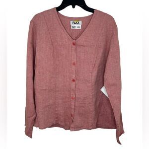 Flax Pink/Red Long Sleeve 100% Linen Lagenlook Button Front Shirt Small